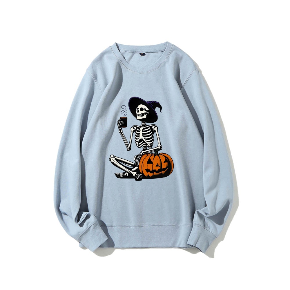 Skeleton Pumpkin Halloween Long Sleeve Top Retro Fall Coffee