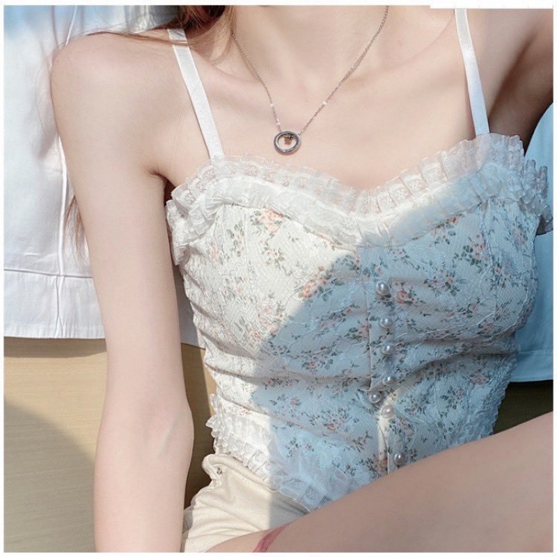 Summer Solid Color Commuter White Lace Retro Cotton Wave Collar Camisole with Bow Tie Front Button
