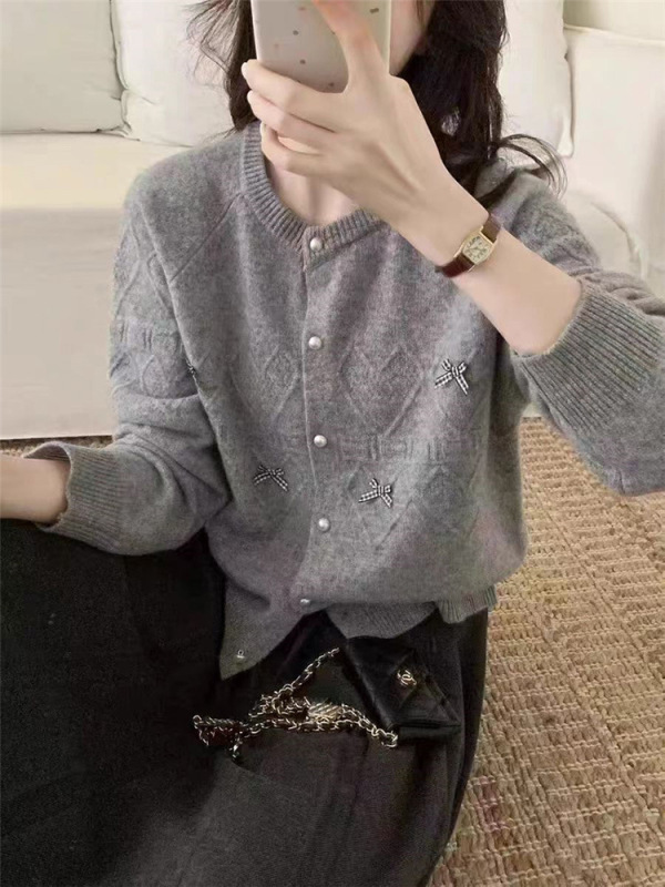 蝴蝶结针织开衫女宽松2025年早秋新款韩版百搭打底上衣毛衣外套潮|undefined