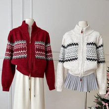 费尔岛复古圣诞半高领多色嵌花毛衣女秋冬厚外套拉链针织开衫上衣
