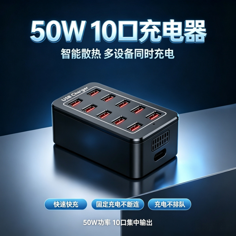 跨境专供10口USB50W多口充电器手机接口多功能大功率桌面工作室