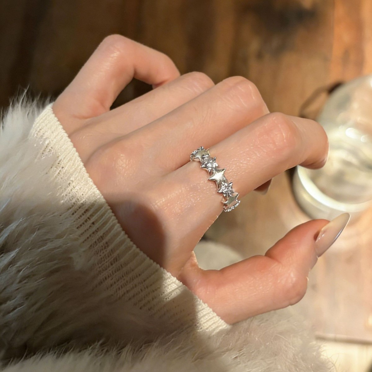 Minimalist Brushed Sterling Silver Star Ring For Women Adjustable_voghion.com