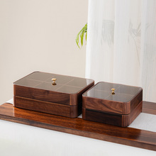 黑胡桃木双层带玻璃盖干果盒实木客厅简约新中式糖果盘收纳盒批发