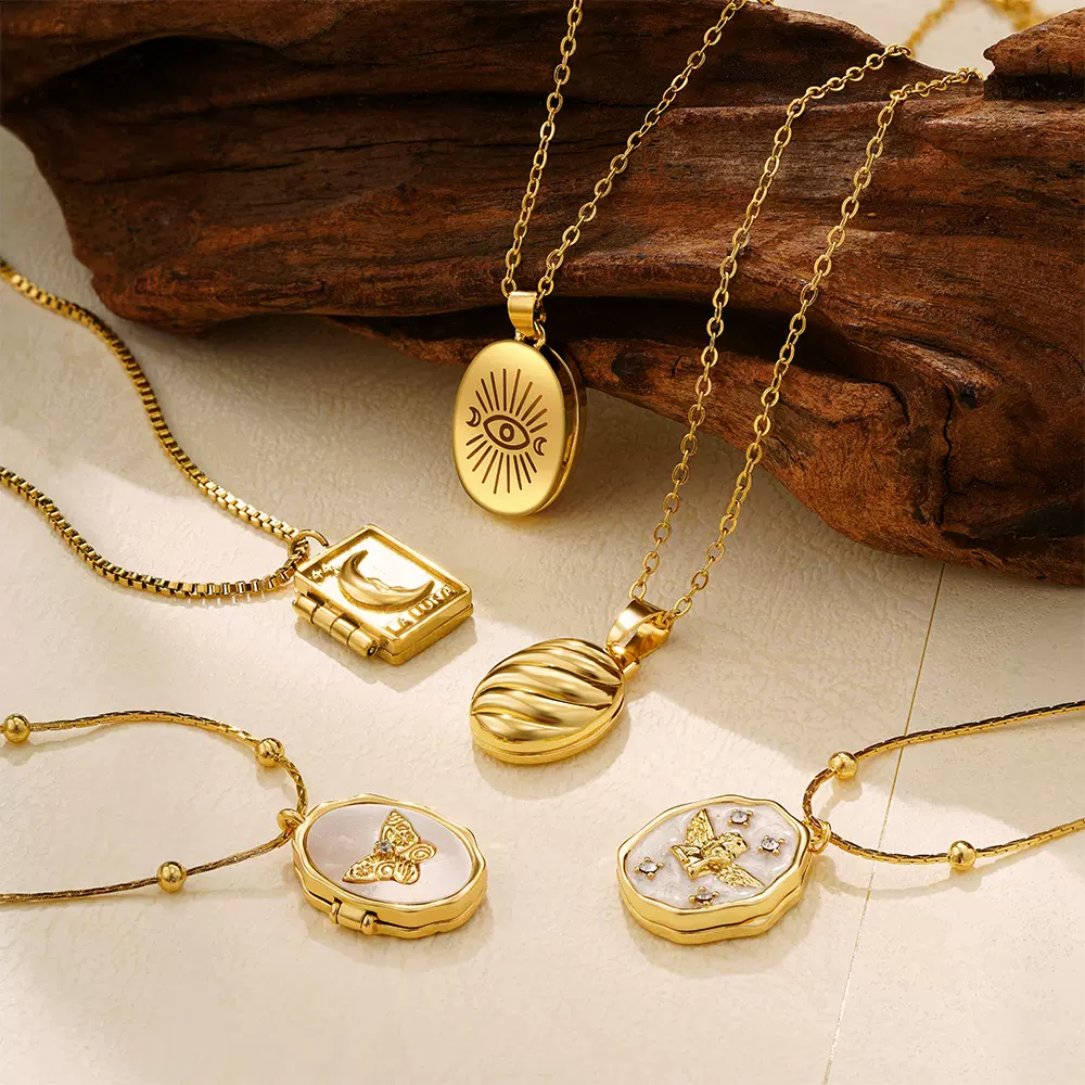 欧美跨境小众镀18K金可开合相框项链不锈钢复古百搭相框吊坠项链