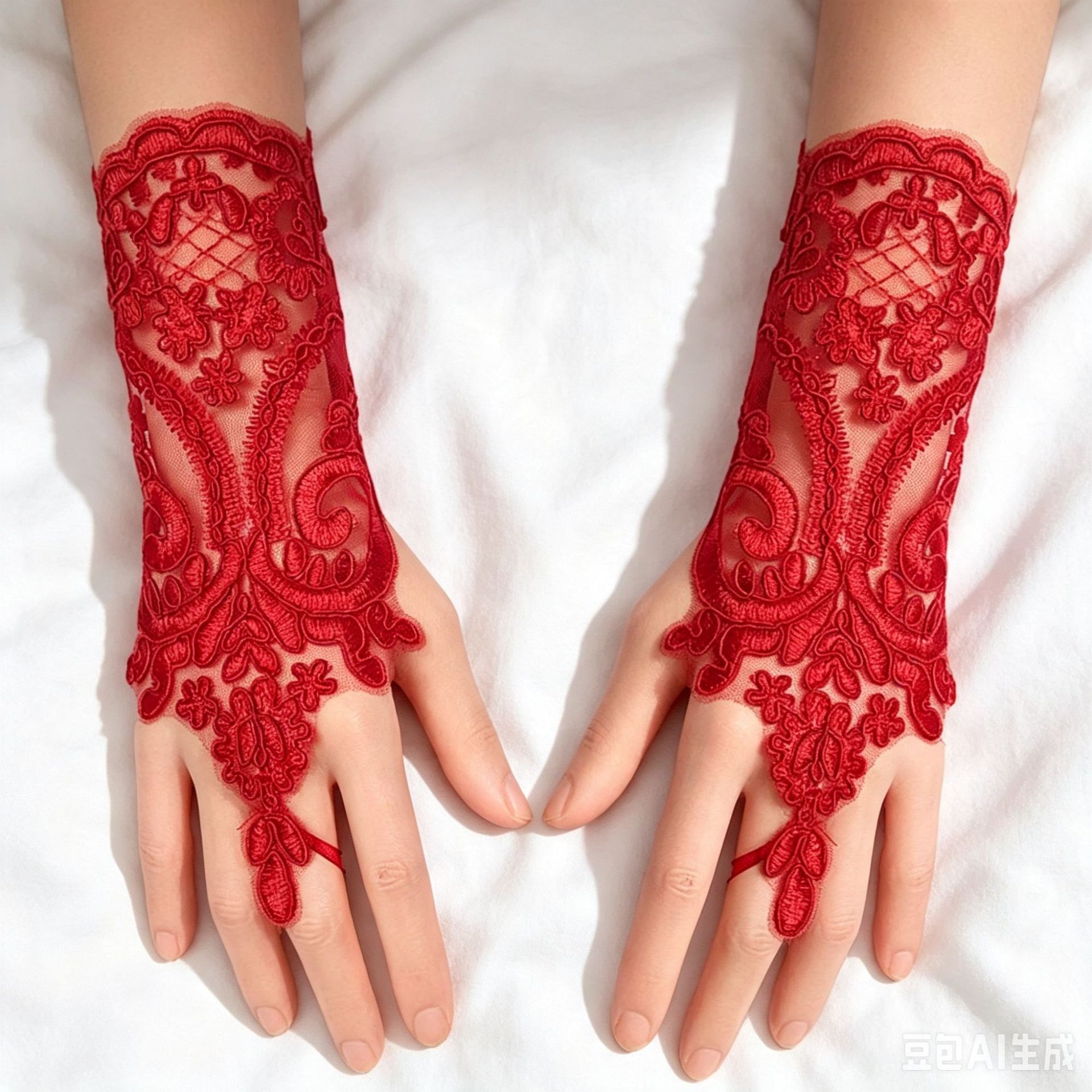 Short Floral Fingerless Gloves for Women, Bridal & Party Costume Accessory, Red — detail image 3