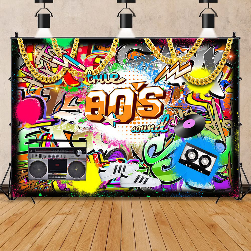 80 s party background hip hop rock music disco birthday party background retro graffiti brick wall cross border