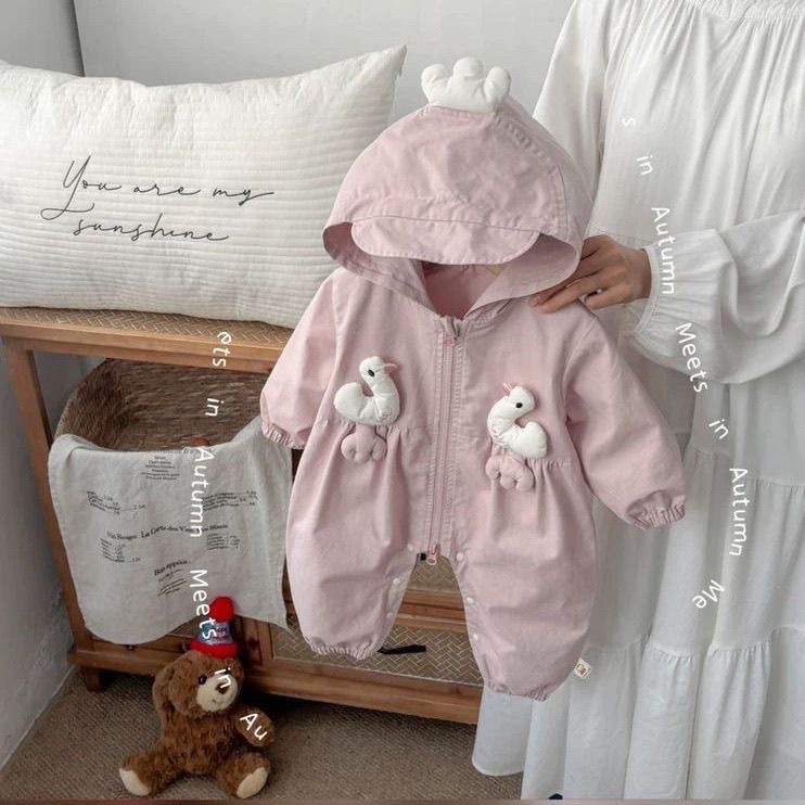 Baby windproof and cute spring and autumn baby girl outfit, stylish hooded newborn bodysuit