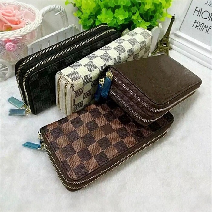 Wholesale foreign trade supply wallet long silver chessboard double pull large bill clip multi-function card wallet bag 078