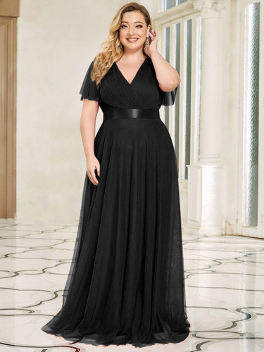 Fashionable Plus Size High-Waisted Simple Elegant V-Neck Net Dress Gown Popular in Europe and America Maid of Honor Dress