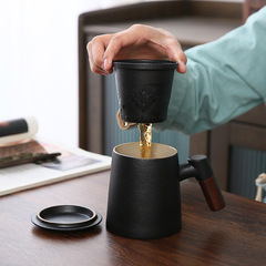 Ceramic wooden handle water cup three-piece set with filter and lid for home office large-capacity tea cup gift box set wholesale