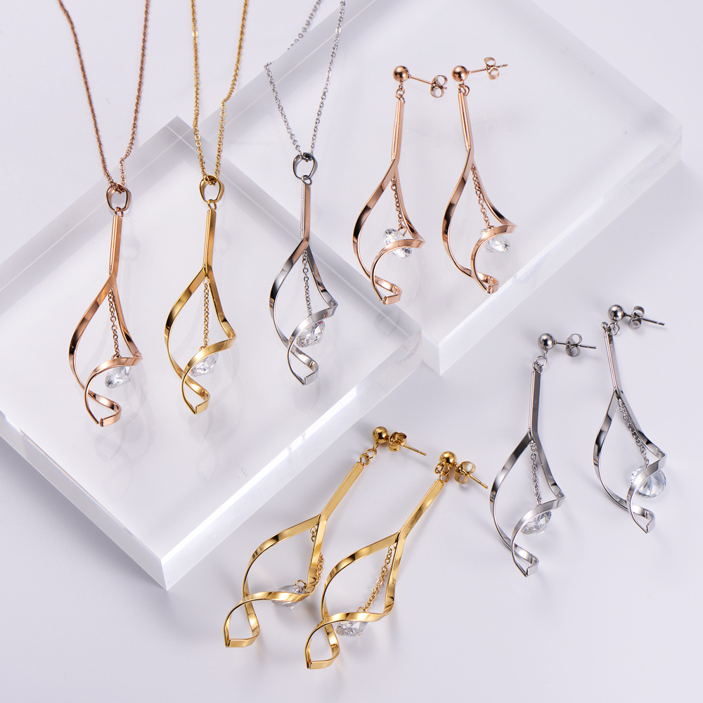 2022 New Geometric Diamond Long Tassel Stainless Steel Earrings Necklace Set