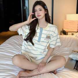 2026夏季新款纯棉网红风带纽扣套头短袖短裤睡衣女套装