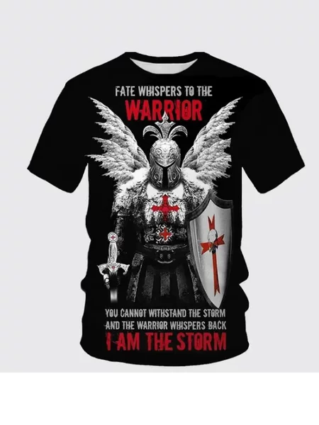 2025 New Street Style Cross Knight Print Landscape European and American Large Size 3D T-Shirt Short-Sleeve Trendy Men's