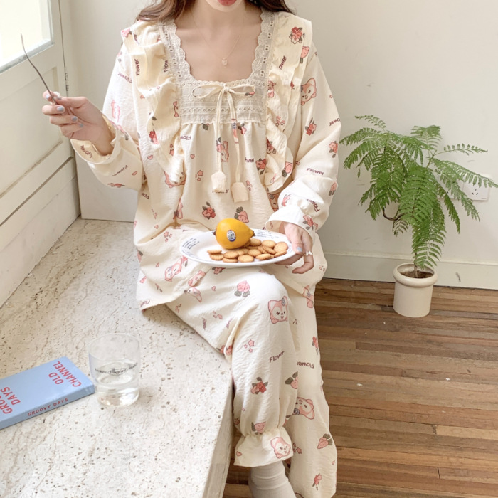 Francés dulce floral manga larga de algodón fresco pijamas chica otoño e invierno en línea estilo rojo 2023 nuevo desgaste casero