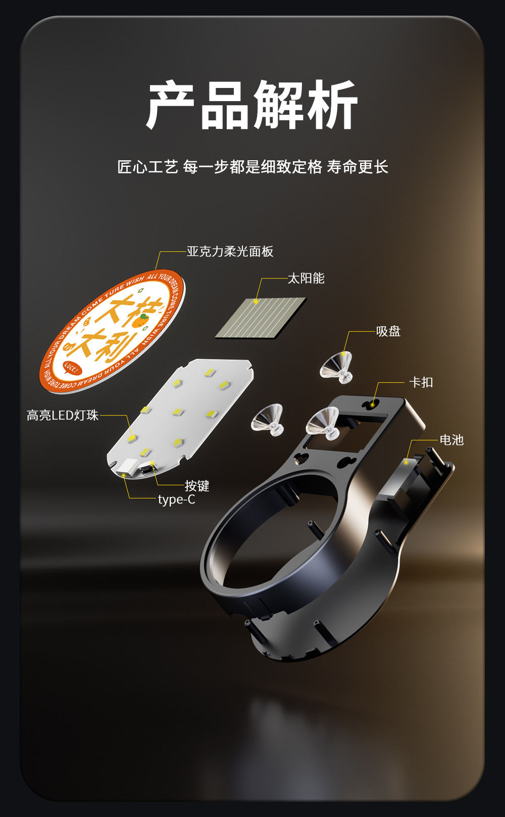 Cross-border car ambient light, solar-powered wireless decorative light, LED warning light, triangular window wish-fulfilling ambient light
