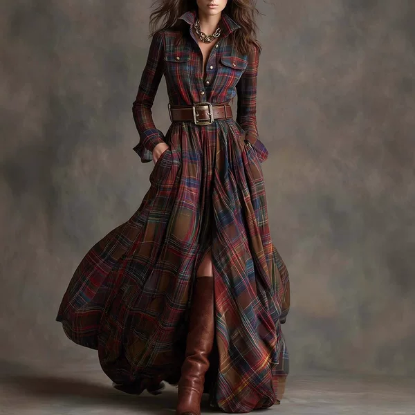 Plus-Size Women's French Retro Plaid Slimming Irregular Dress, New Design from Amazon, European and American Style
