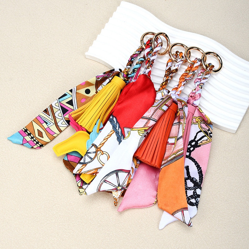 South Korea High-end Fashion Ribbon Bow Leather Tassel Pendant Silk Scarf Spike Pendant Bag Car Keychain