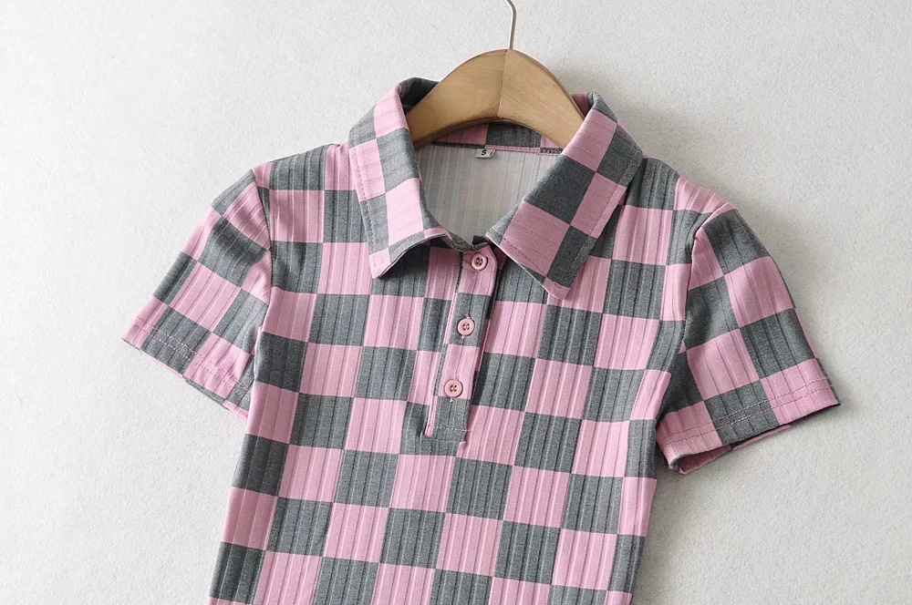 Collar Checkerboard Print Short Sleeves Polo Shirt NSAC57436