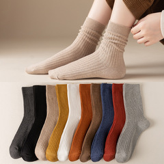 2 pairs of spring and summer new medium-calf women's socks, double-needle 100% cotton socks for girls and boys, bunched socks, postpartum socks, solid color medium-calf socks
