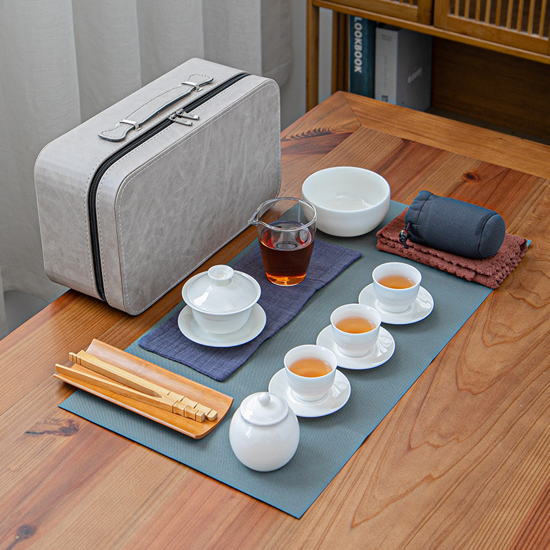 Tea Artisan Tea Art Instruction Set Travel Gongfu Tea Ware Set With Lambskin White Porcelain Cover Bowl Tea Cup Gift Logo