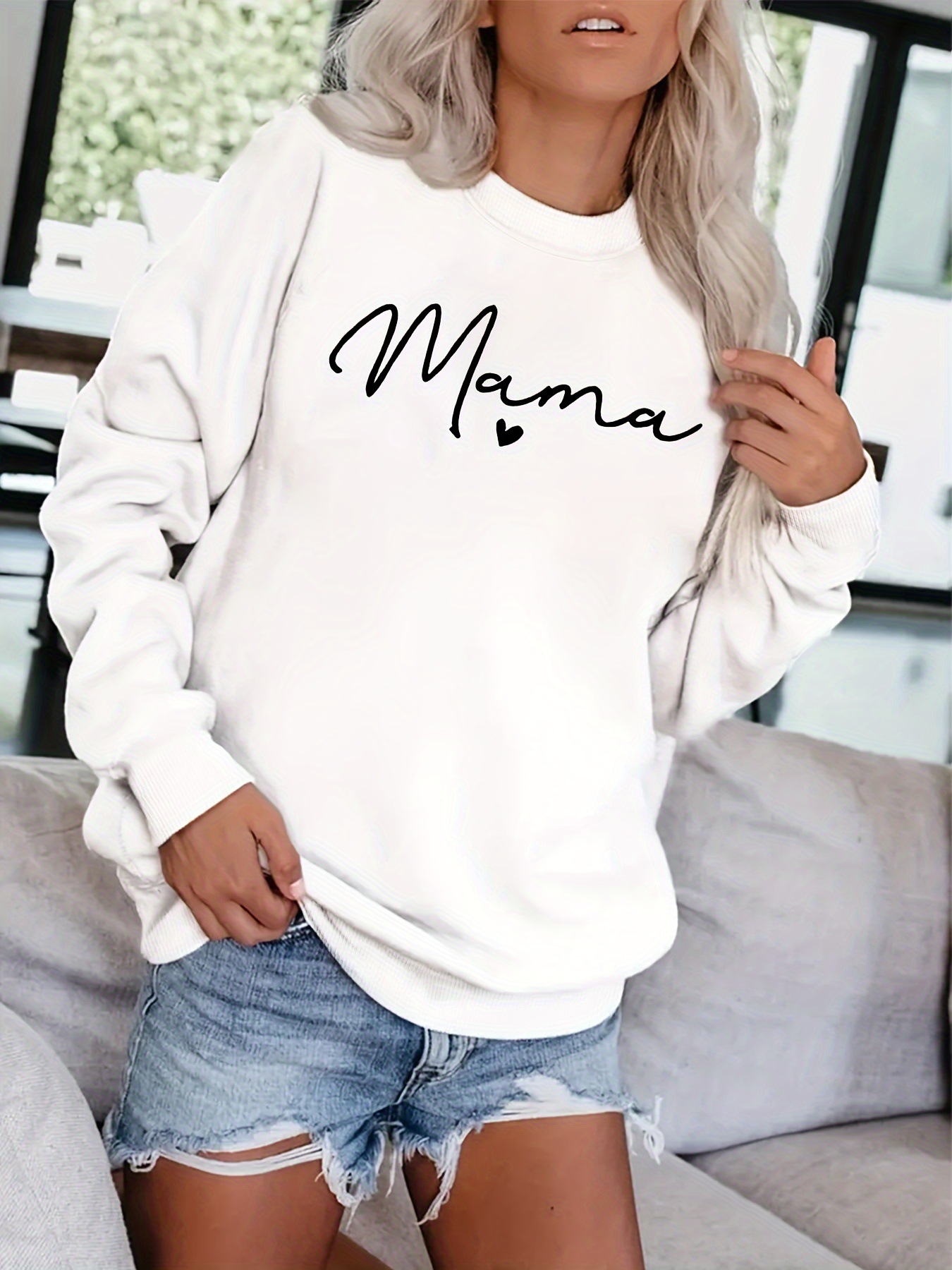 Mama Letter Printed Casual Round Neck Long Sleeve Sweatshirt, Women's White_voghion.com