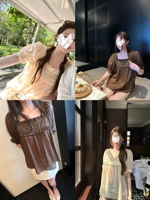 Baohi Summer Overture French-Style Square-Neck Lace Puff-Sleeve Babydoll Shirt for Women, Summer Ramie Short-Sleeve Blouse Top