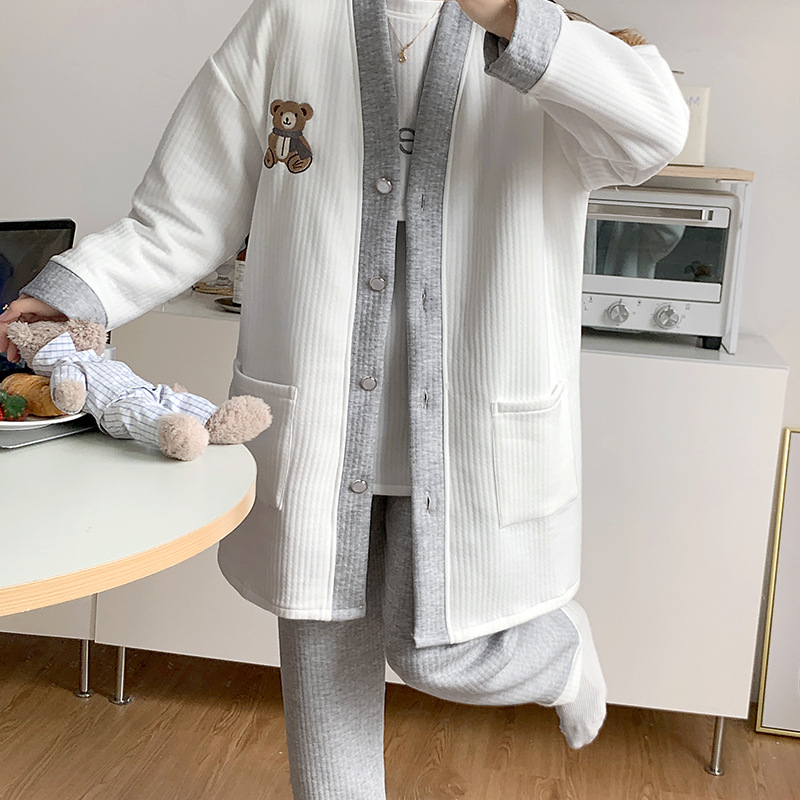 Autumn and Winter Three-Piece Air Cotton Sandwich Maternity Pajamas, Postpartum Clothing, Postpartum Breastfeeding Clothing, Home Warmth