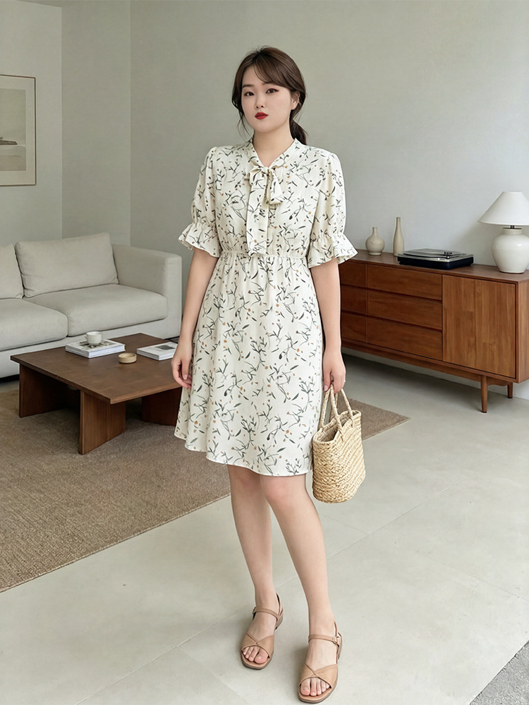 65-160kg Plus Size Women's Floral Dress for Spring and Summer, Slightly Chubby mm's Style, Five-Quarter Sleeves, V-Neck, Slimming Bow Tie Long Dress 65-160kg Plus Size Women's Floral Dress for Spring and Summer, Slightly Chubby mm's Style, Five-Quarter Sleeves, V-Neck, Slimming Bow Tie Long Dress