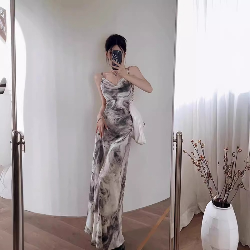 New Chinese Ink Painting Sling Dress Women's Spring French Slim-fit Off-shoulder Elegant Dress Hip Fishtail Long Dress