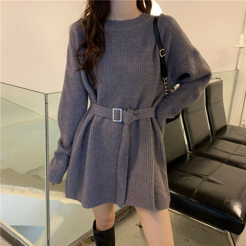 Japanese-style lazy wind-long women's sweater 2025 autumn/winter new round neck loose belt knitted sweater women's coat