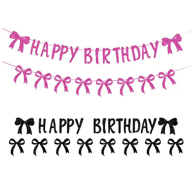 蝴蝶结主题拉旗粉色黑色闪粉横幅装饰派对用品拉花生日布置道具