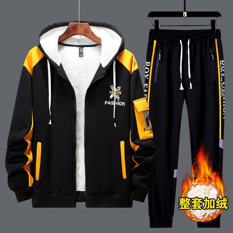 Invierno juvenil con camisa encapuchada gruesa, camiseta, pantalones casuales, ropa de moda al aire libre, hombre