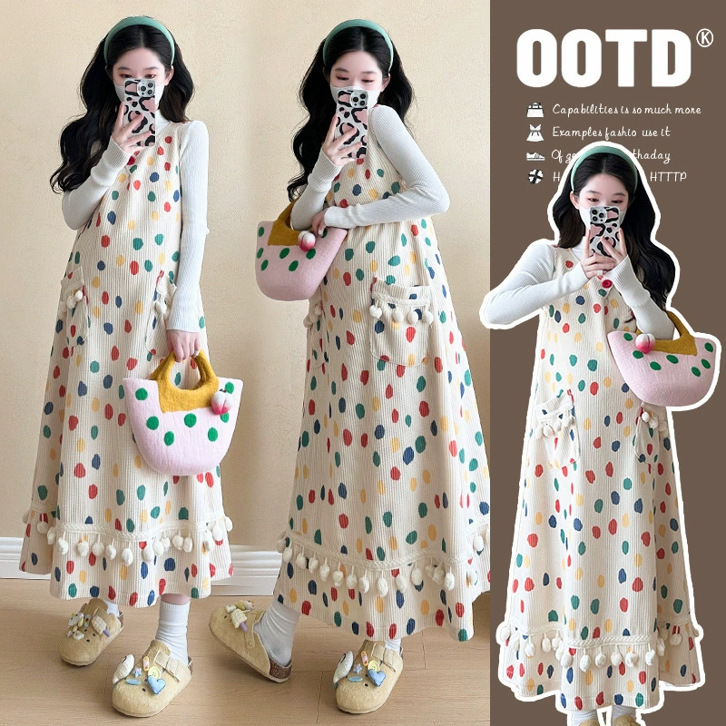 Реальная съемка на месте ~ Осенний и зимний сладкий цвет волновой точки плюс размер платье свитер топ набор из двух частей