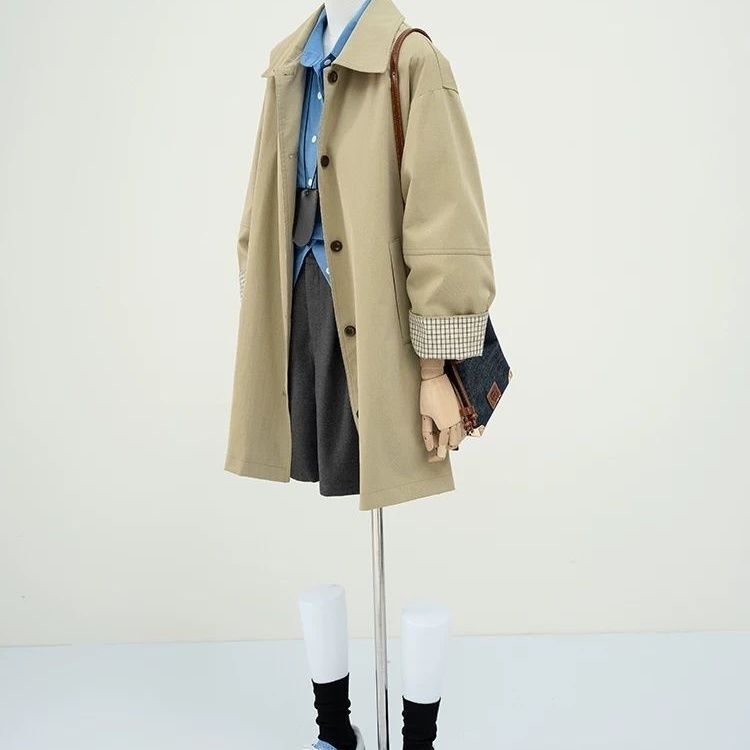 设计感撞色卡其色风衣外套女2025春秋新款小个子宽松休闲工装大衣|undefined