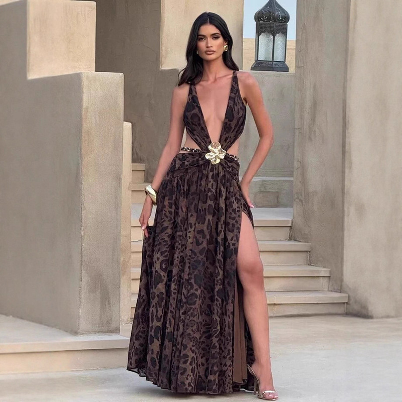 Summer New Style French Style Socialite Style High-End Lace-Up Backless Sexy Hot Girl High Slit Metal Dress Summer New Style French Style Socialite Style High-End Lace-Up Backless Sexy Hot Girl High Slit Metal Dress