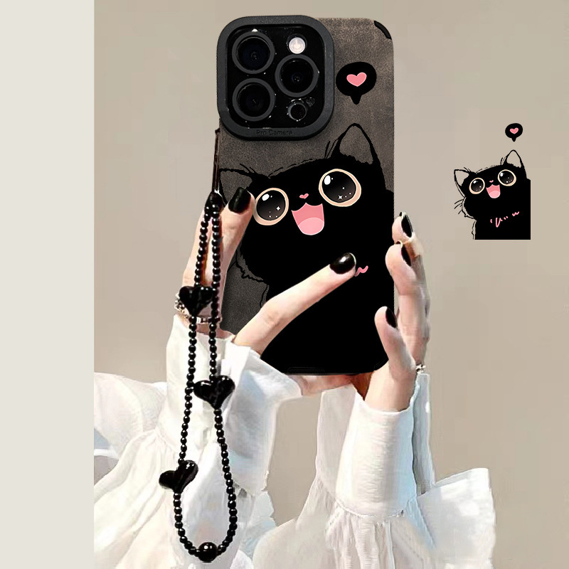 Cute Black Cat Chain Phone Case for Apple 16pro iphone15 Fur 14 Retro Soft Silicone 7/8 Cute Black Cat Chain Phone Case for Apple 16pro iphone15 Fur 14 Retro Soft Silicone 7/8