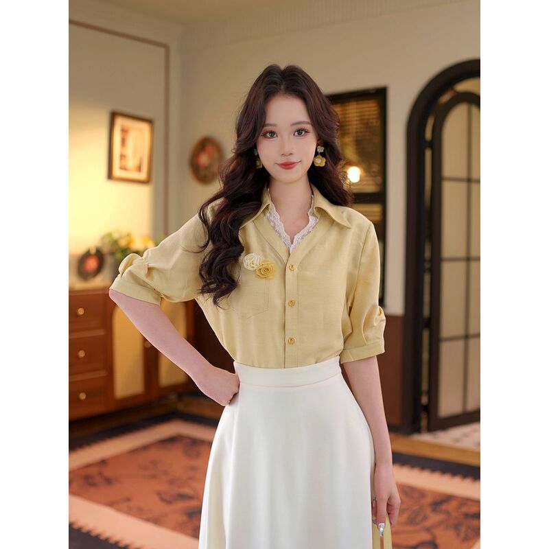Yellow Mid-Sleeve Lace-Trimmed Double-Layer Collar Short-Sleeve Shirt for Women, Summer Versatile Slimming Top, Tencel Blend