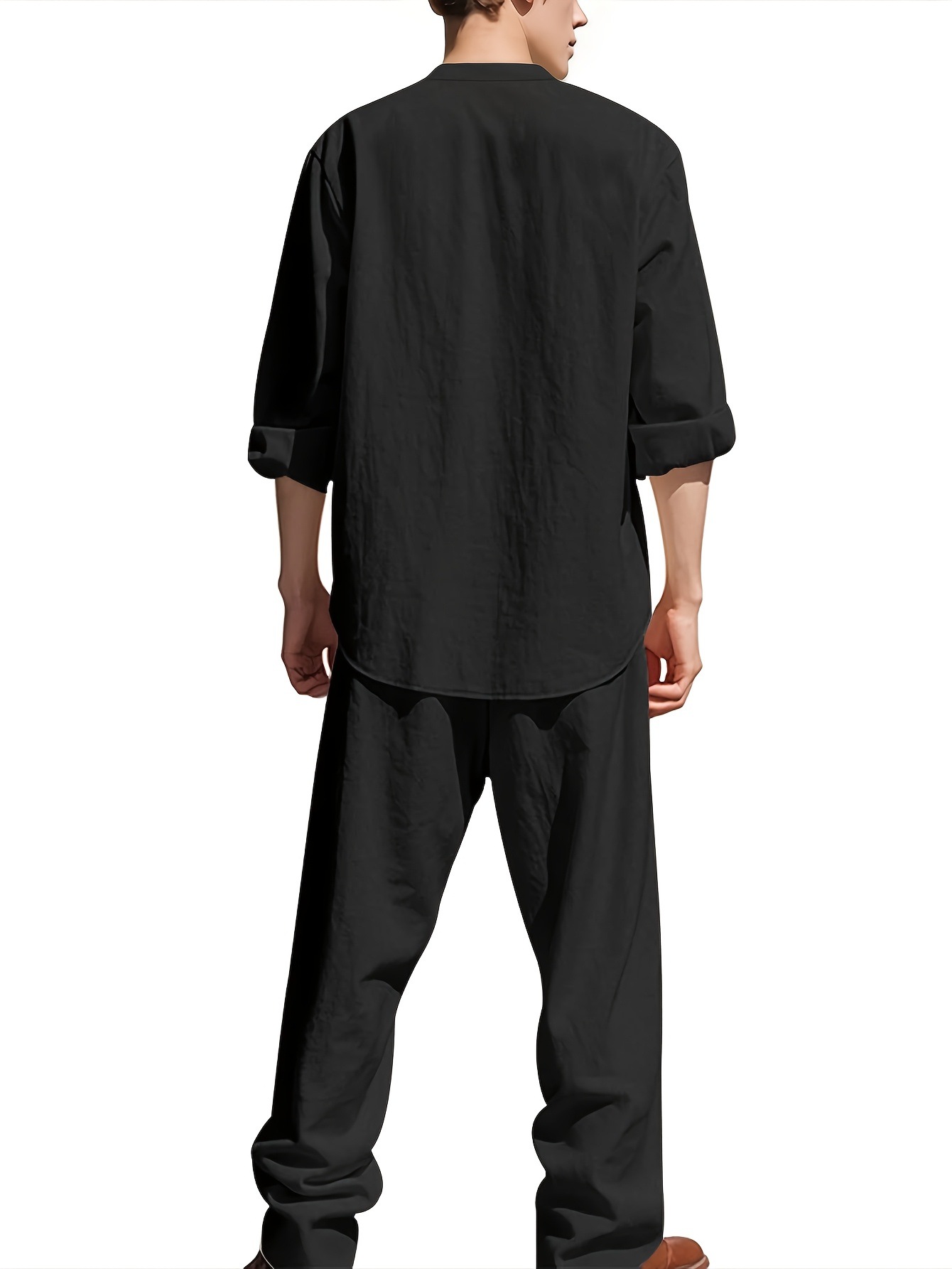 Men's Casual Linen Shirt And Trouser Set All-Season Breathable Loose Fit Long-Sleeved Versatile Cool American Style_viptrois.com