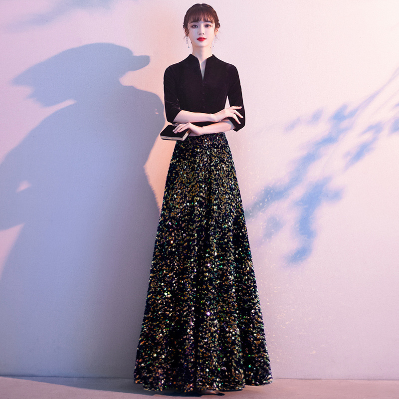 Black Evening Dress 2026 New Summer Banquet High-End Fishtail Style Elegant and Luxurious for Annual Meeting Host