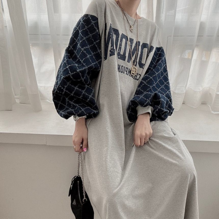 韩国东大门春季新款设计感个性拼接灯笼袖字母印花宽松连衣长裙女