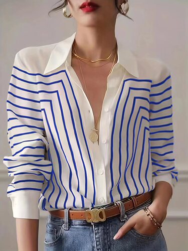 Women's Long Sleeve Loose Striped Shirt for Autumn, High-end and Charming, Slimming Double crepe silk top, Elegant women's blouse