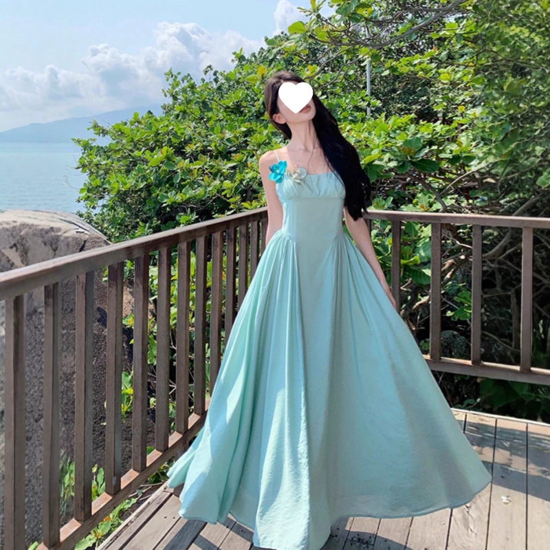 Beautiful French-Style Spaghetti-Strap Waist-Cinching Long Dress, Ankle-Length, Super Long Style, Seaside Vacation Style Dress, Summer Flared Dress Beautiful French-Style Spaghetti-Strap Waist-Cinching Long Dress, Ankle-Length, Super Long Style, Seaside Vacation Style Dress, Summer Flared Dress