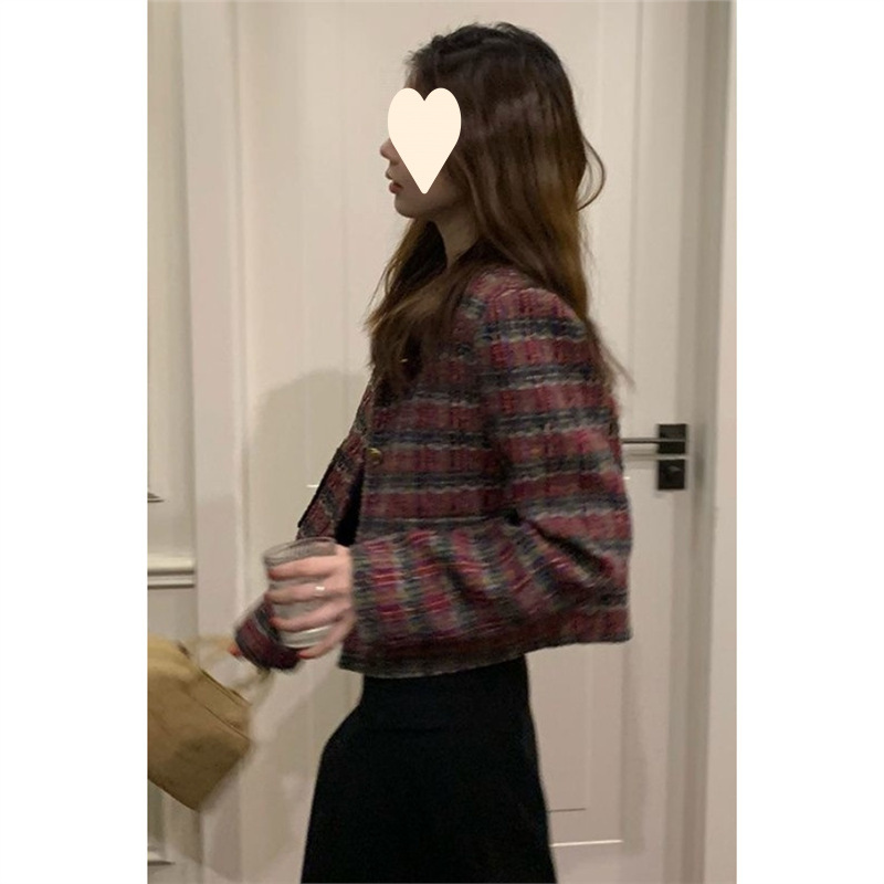 红格纹粗花呢小香风短外套女2024春秋新款名媛千金气质高级感上衣