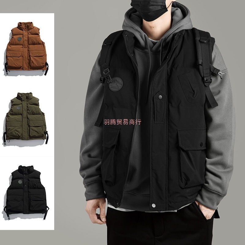 工装美式复古休闲马甲秋冬季男外穿宽松加厚保暖棉服外套现货日系
