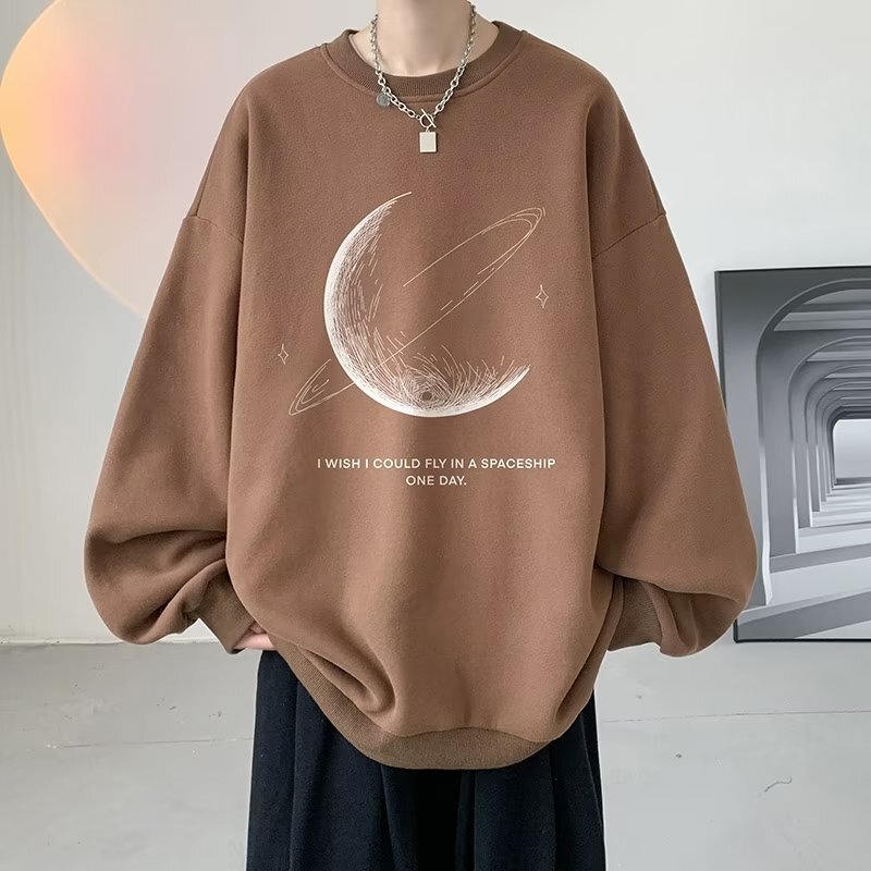 Long-sleeved T-shirt Men's Spring and Autumn Round Neck Fashionable Black Top Base Shirt Loose Printed Pullover Men's Sweater