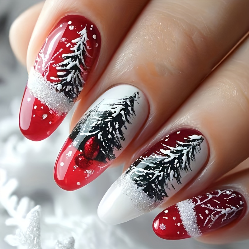 Christmas Red and Black Gradient Snowflake Christmas Tree Fake Nails Glitter Wearable Manicure Patches Nail Patches 24 Pieces