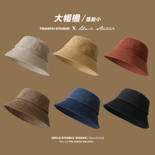 Autumn and winter bare solid color corduroy fisherman hat men's big head circumference wide brim face small basin hat big face can be worn for girls