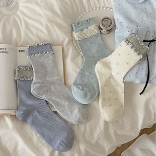 Japanese Ballet Style Anti-Pilling Boneless Socks Double Wooden Ear Mid-Socks Small Fresh Wave Dot Blue Grey Curled Cake