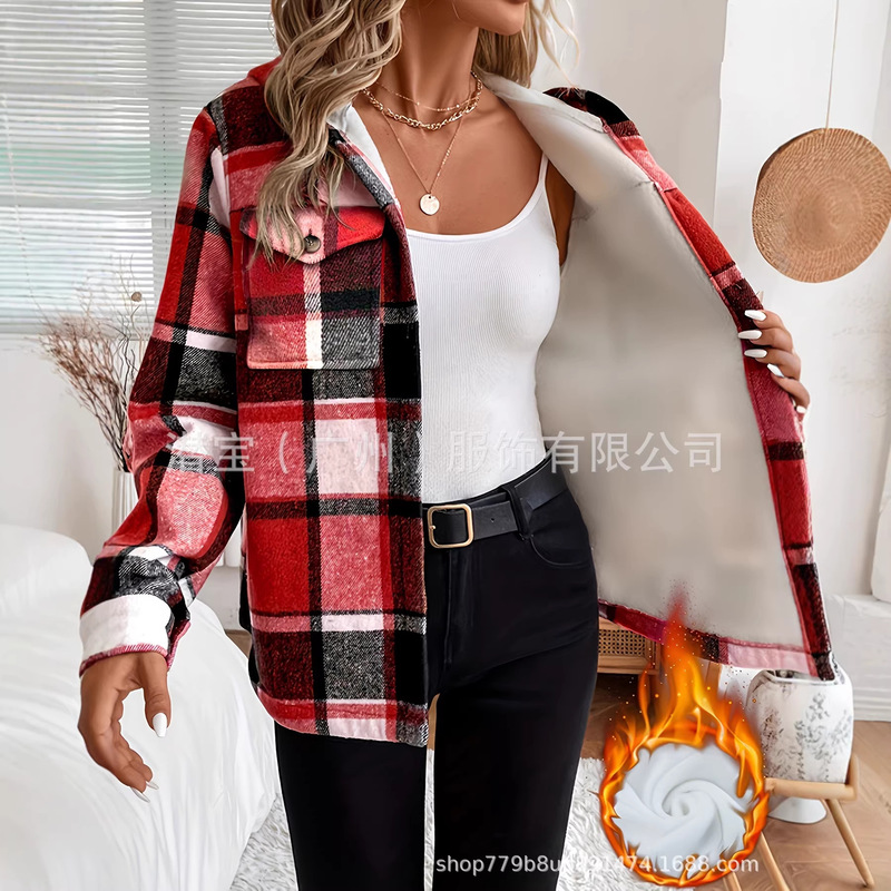 New Cross-Border Foreign Trade European and American Women's Clothing Autumn and Winter Loose Long-Sleeved Casual Plaid Hooded Jacket Thin Velvet Women's Coat