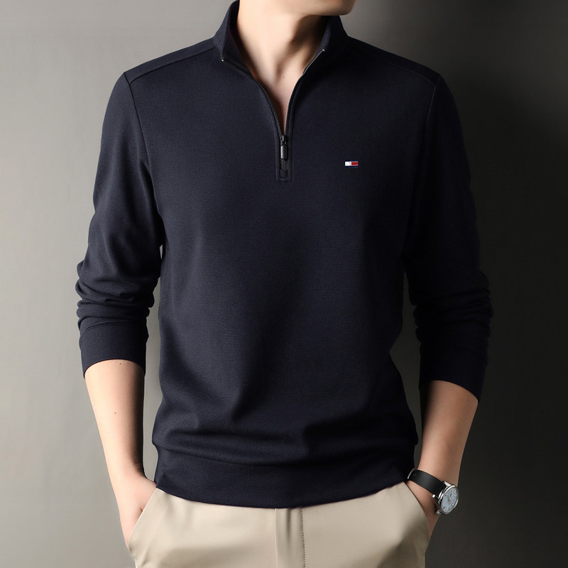 Tommy Men's Sweatshirt Autumn and Winter Thickened Fleece Casual Zip-Up Stand Collar Warm Simple Skin-Friendly Sweater T-Shirt for Middle-Aged Men